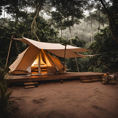a tent is set up in the middle of a forest
