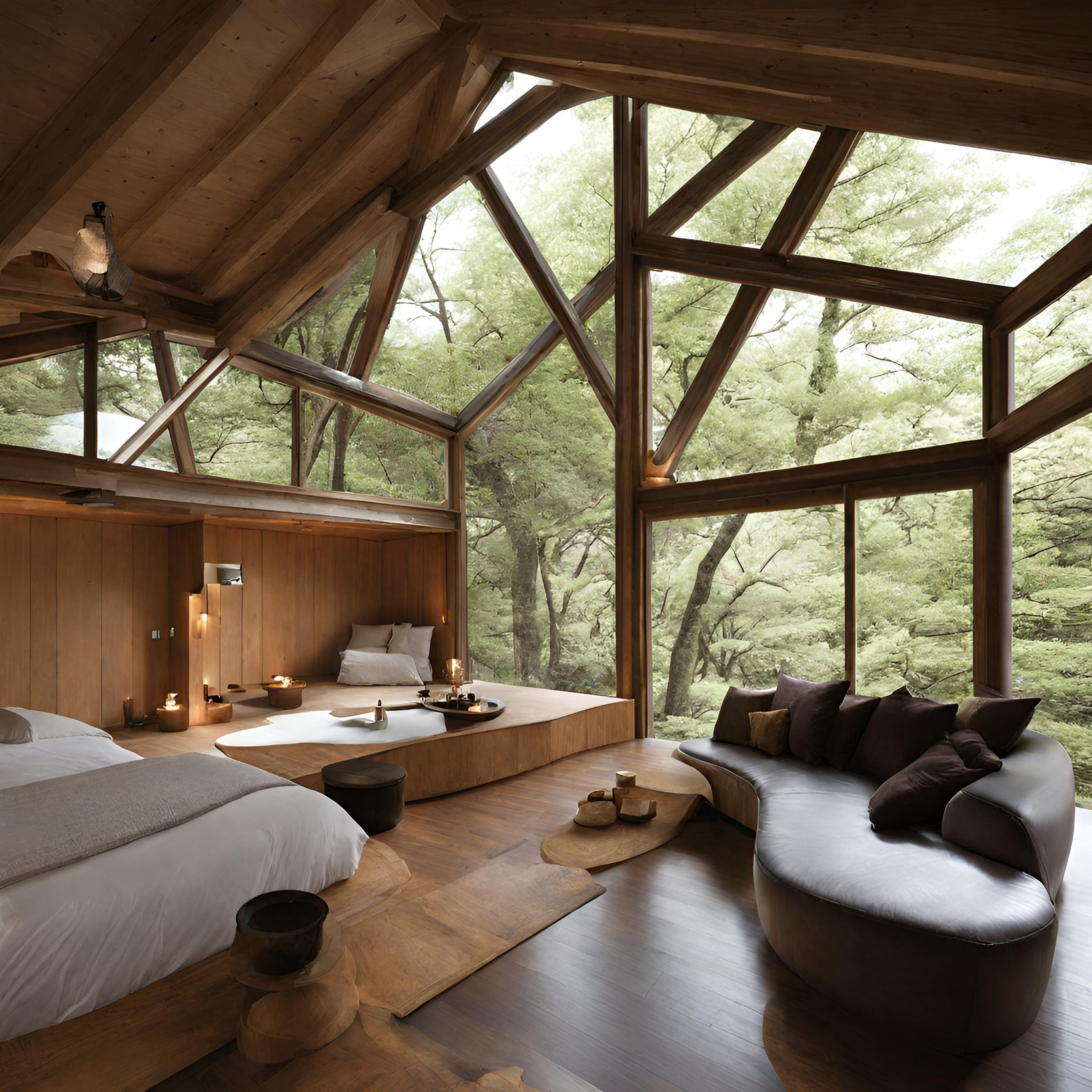 a bedroom in a tree house with a view of the forest