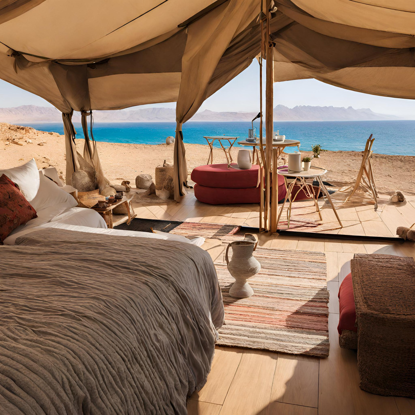 a tent with a bed in front of the ocean