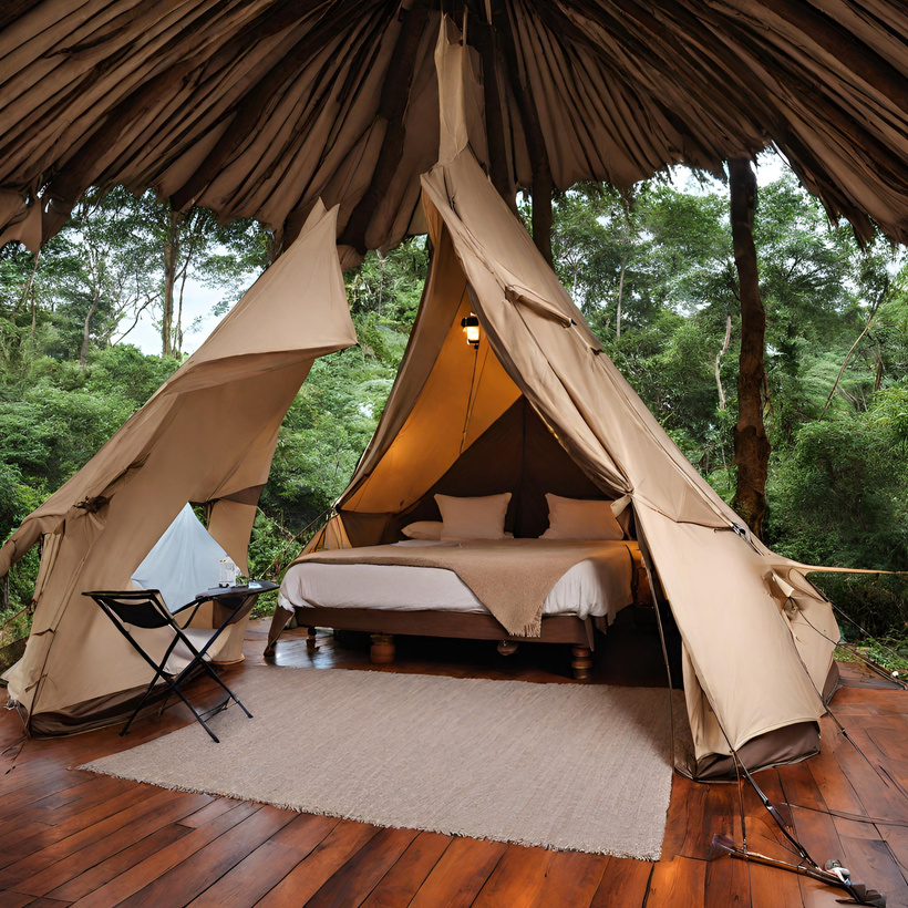 a tent in the jungle with a bed inside