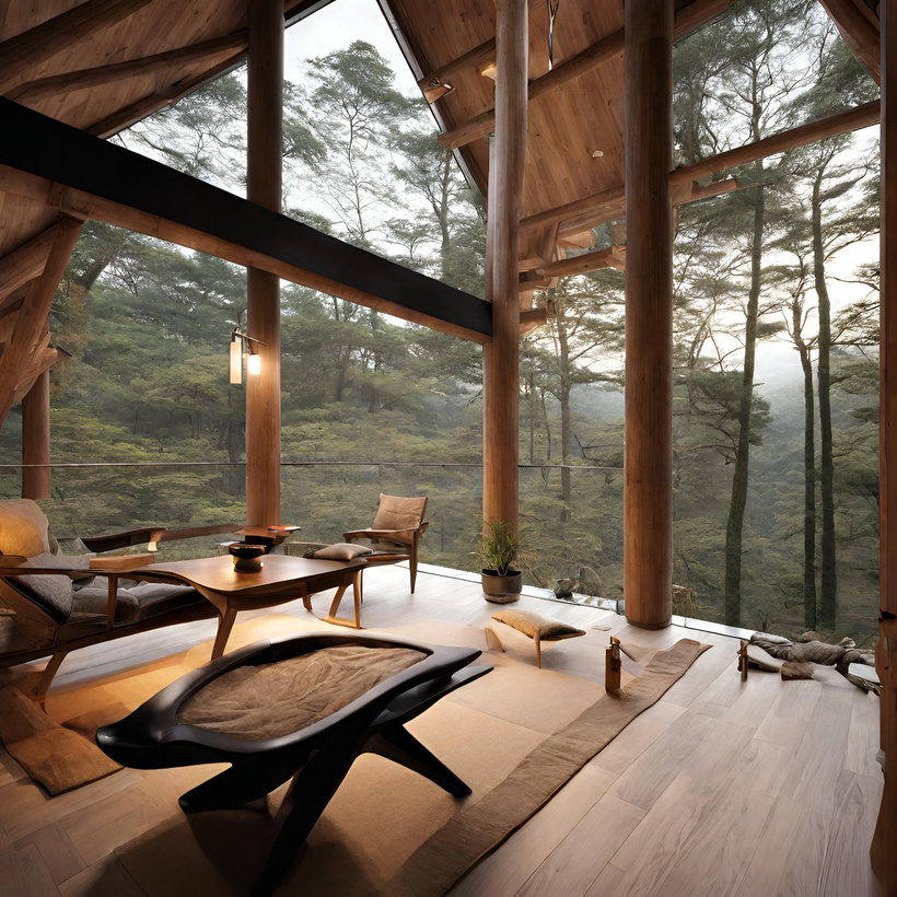 a living room with a view of the forest