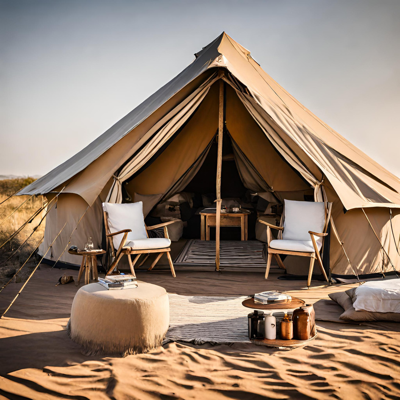 a tent is set up in the middle of the desert